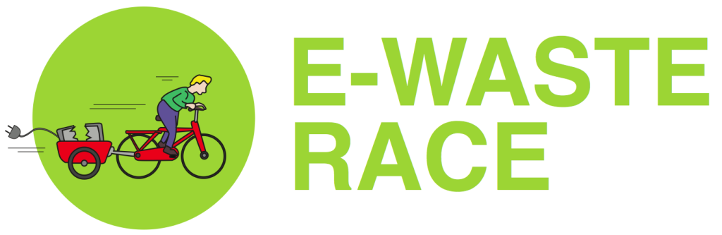Logo E-Waste Race met man op fiets die electronish afval wegbrengt, met de tekst E-Waste Race